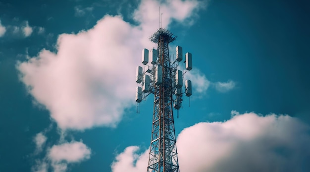 Torre de telefonía móvil cielo azul y nubes IA generativa