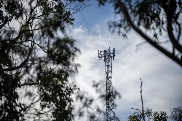 Foto torre telefónica en el interior de australia en el bosque que conecta a la gente en un área de riesgo de incendio