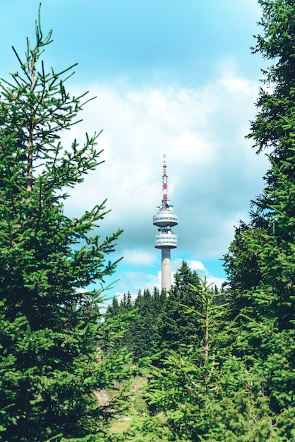 Torre de televisión Snejanka cerca del complejo Pamporovo en la montaña Rhodopi, Bulgaria.