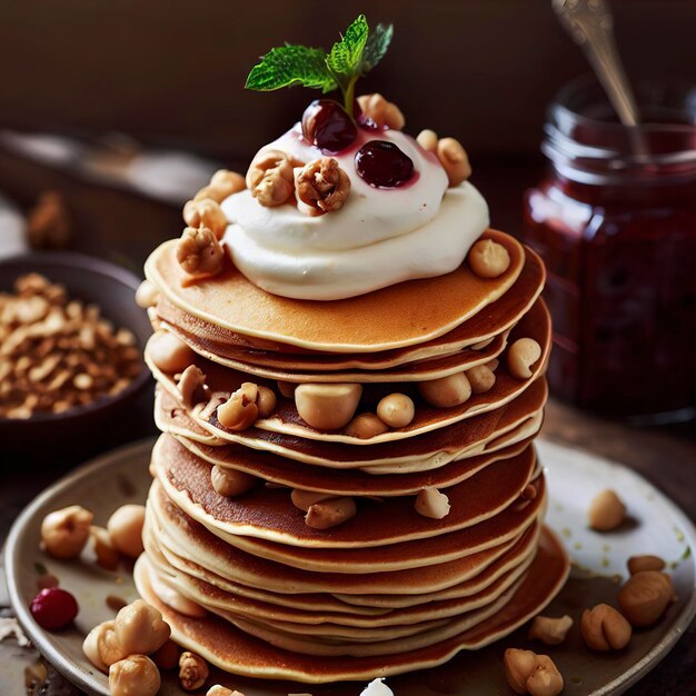 Torre de tortitas con yogur de nueces y mermelada de cerezas