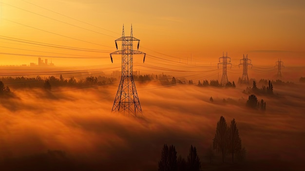 Torre de transmisión de alto voltaje brumoso mañana amanecer Generativo Ai