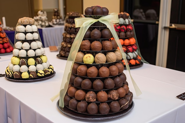 Torre de trufas de chocolate de varios sabores y colores