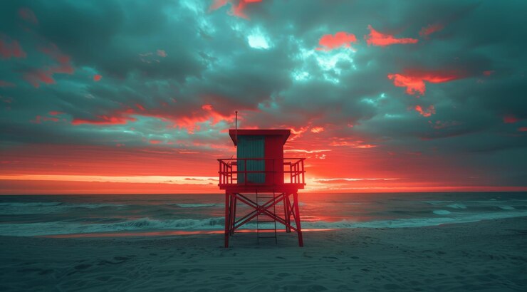 Foto torre vermelha em pé no céu nublado