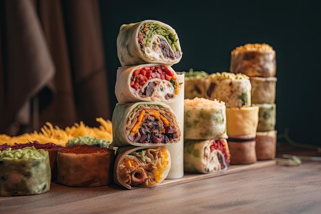 Torre de wraps con diferentes rellenos y salsas