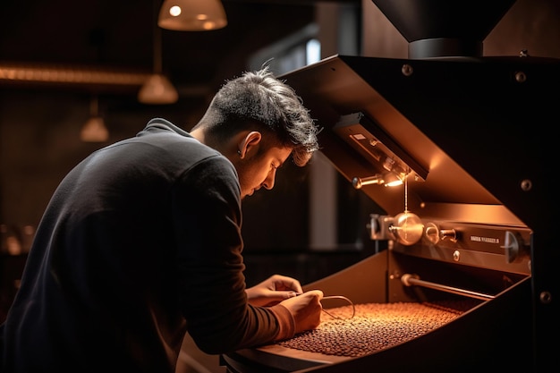 Torrefador de café inspecionando um lote de grãos de café recém-torrados com um generativo de máquina de torrefação