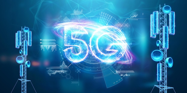 Torres 5G, comunicaciones móviles de quinta generación, wifi y antena de telecomunicaciones. Estándar 5G, tecnologías de transmisión de señales, Internet móvil de alta velocidad. Render 3D, ilustración 3D.