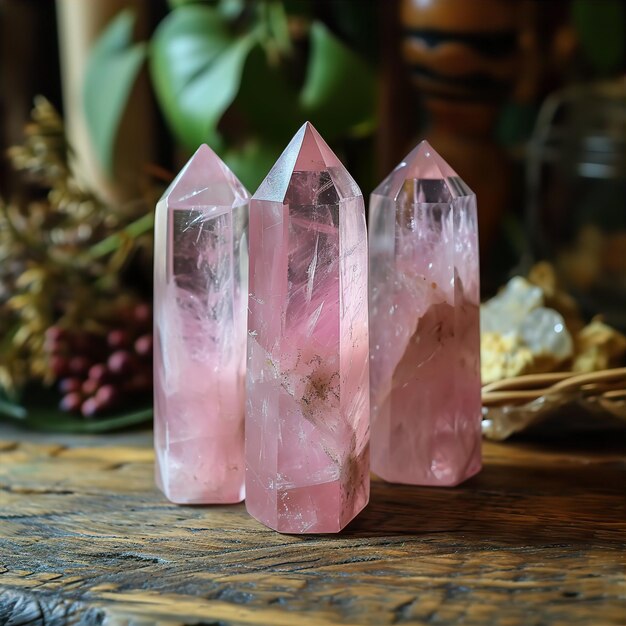 Foto torres de cristal de cuarzo rosa y piedras preciosas