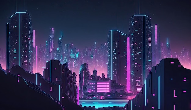 Torres de capital de mega cidade neon com fundo de tecnologia futurista futuro moderno Generative Ai