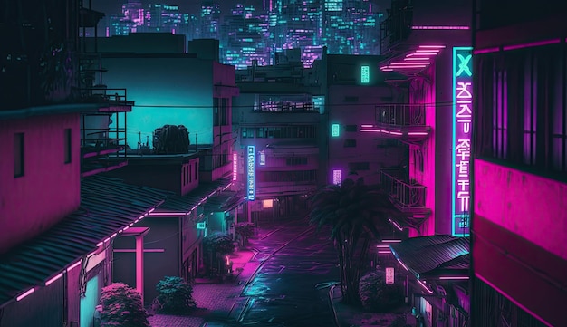 Torres de capital de mega cidade neon com fundo de tecnologia futurista futuro moderno Generative Ai