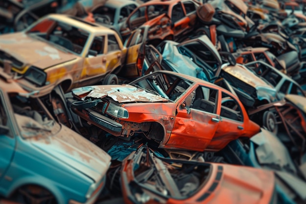 Foto torres de pilhas de lixo com carros abandonados enferrujados assustadores e caóticos