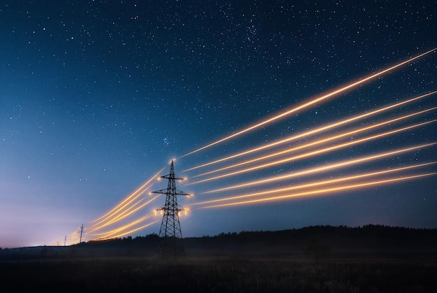 Foto torres de transmissão de eletricidade com fios brilhantes laranja contra o céu noturno.