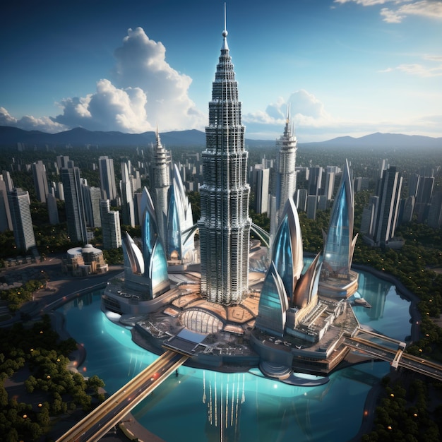 Torres gemelas obras de arte en miniatura de petronas lugares famosos en Kuala Lumpur Malasia renderizado en 3D colorido