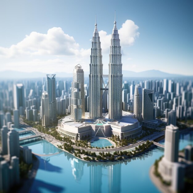 Torres gemelas obras de arte en miniatura de petronas lugares famosos en Kuala Lumpur Malasia renderizado en 3D colorido