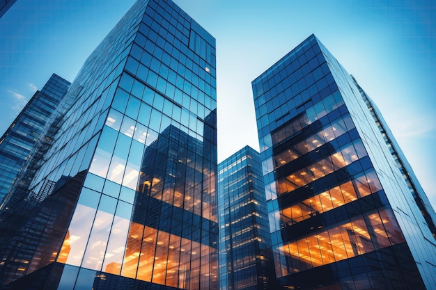 Torres de oficinas contemporáneas con fachadas de vidrio que simbolizan las bases económicas y financieras