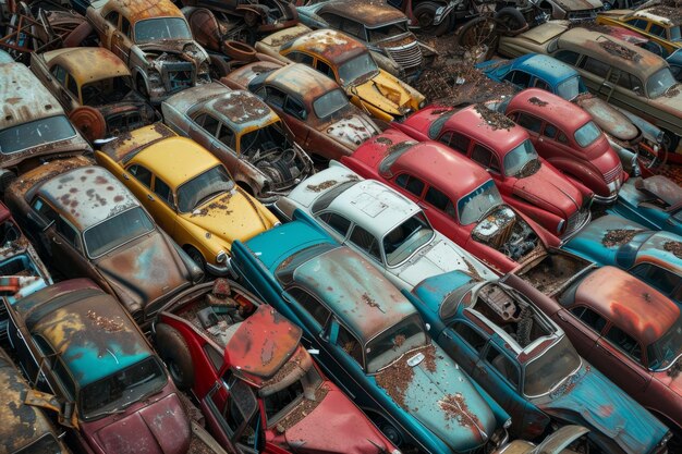 Las torres de pilas de chatarra con coches abandonados oxidados son inquietantes y caóticas.