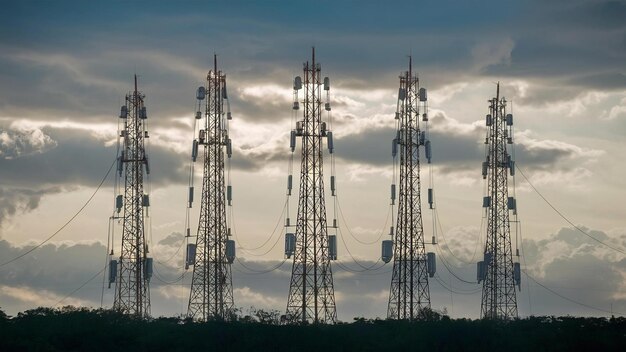 Torres de telecomunicaciones contra el cielo nublado