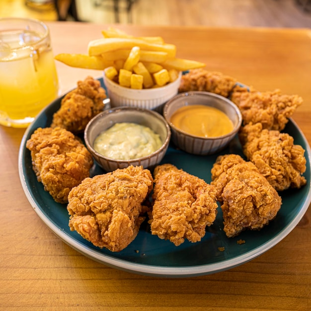 torresmo de frango com batata frita, pimentão e maionese