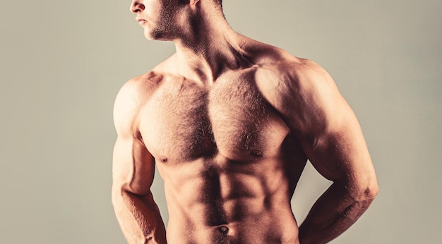 Torso com seis pack e músculo ab. abs e bíceps. cara brutal forte. torso sexy. homem bonito músculos grandes posando no estúdio. homem sexy musculoso. homem forte sexual bonito com corpo musculoso