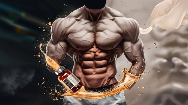 Foto torso masculino musculoso e fórmula de testosterona conceito de métodos de aumento de hormônios