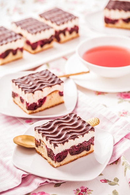 Torta alemana Donauwelle Danube olas bizcocho de vainilla y chocolate con guindas crema de mantequilla de vainilla y glaseado de chocolate con taza de té