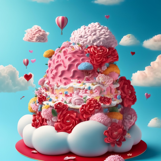 Torta de amor con corazones, nubes y flores decoradas