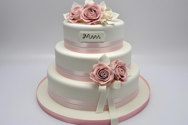 Torta de boda en colores pastel decorada con rosas rosadas realistas en un fondo borroso de la