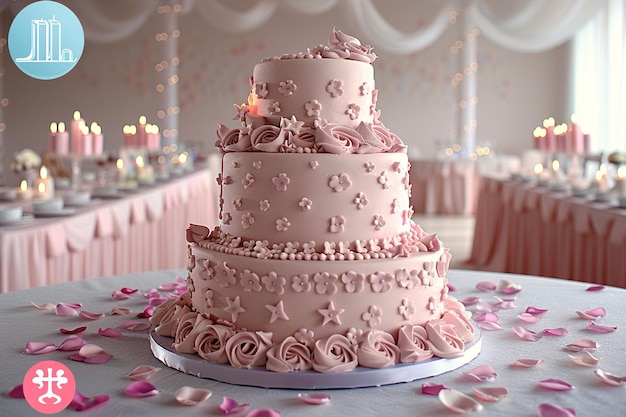 Torta de boda en colores pastel decorada con rosas rosadas realistas en un fondo borroso de la