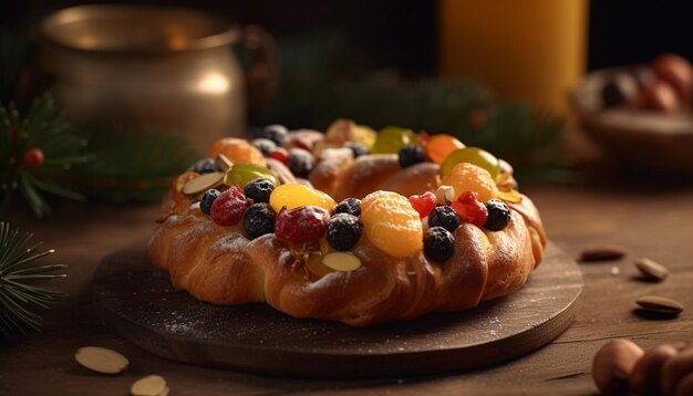 Torta caseira de frutas silvestres em mesa de madeira rústica gerada por IA