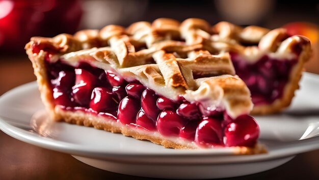 Torta de cereza al horno bokeh ligero sofisticado elegante enfoque agudo iluminación suave colores vívidos