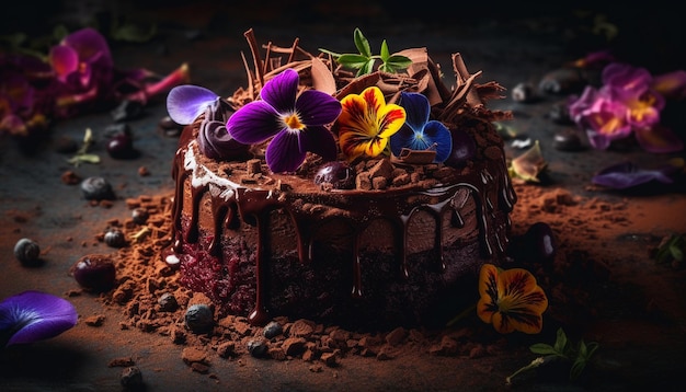 Torta de chocolate indulgente con decoración de bayas frescas generada por IA