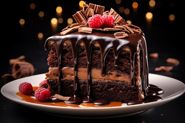 Torta de chocolate rica con cinta de chocolate y gotas de chocolate