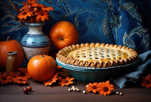 torta com abóboras e especiarias em um fundo azul