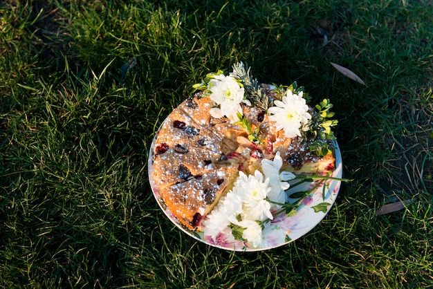 Torta com frutas em um fundo de grama. Piquenique. Primavera