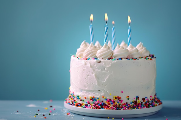 Torta de cumpleaños blanca con salpicaduras coloridas sobre un fondo azul