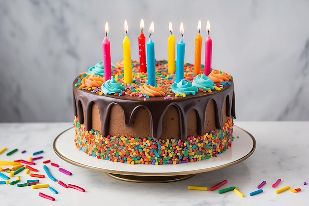 Torta de cumpleaños de celebración con salpicaduras de colores y veintiuna velas de cumpleañas de colores