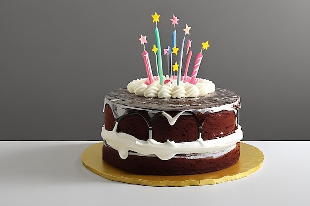 Foto torta de cumpleaños de celebración con salpicaduras de colores y veintiuna velas de cumpleañas de colores