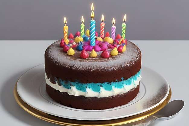 Foto torta de cumpleaños de celebración con salpicaduras de colores y veintiuna velas de cumpleañas de colores