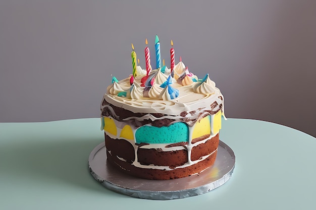 Foto torta de cumpleaños de celebración con salpicaduras de colores y veintiuna velas de cumpleañas de colores