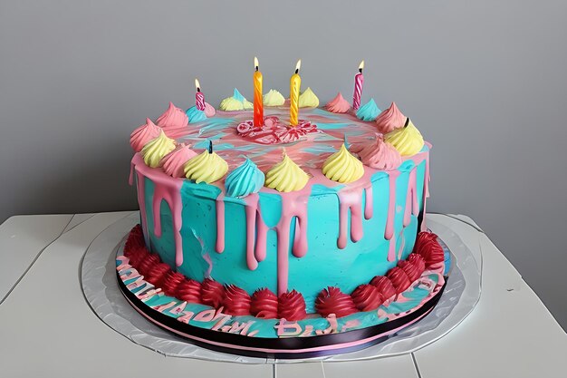 Torta de cumpleaños de celebración con salpicaduras de colores y veintiuna velas de cumpleañas de colores