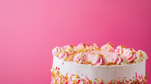 Torta de cumpleaños de celebración con velas de aniversario rosas y doradas que dicen feliz cumpleañosGenerative Ai