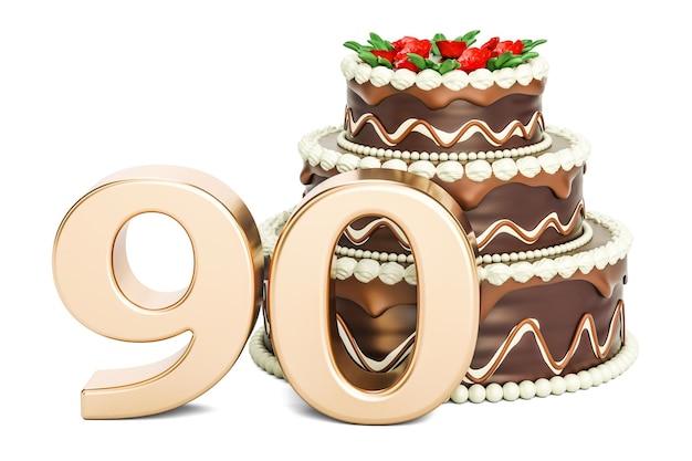 Torta de cumpleaños de chocolate con el número dorado 90 renderización 3D