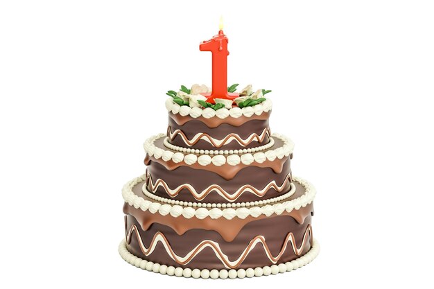 Torta de cumpleaños de chocolate con vela número 1 renderización 3D