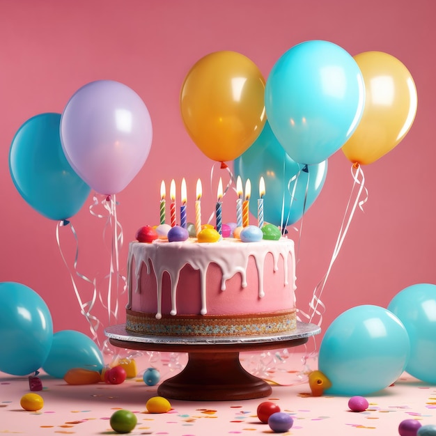 Torta de cumpleaños en un fondo de globo colorido IA generativa