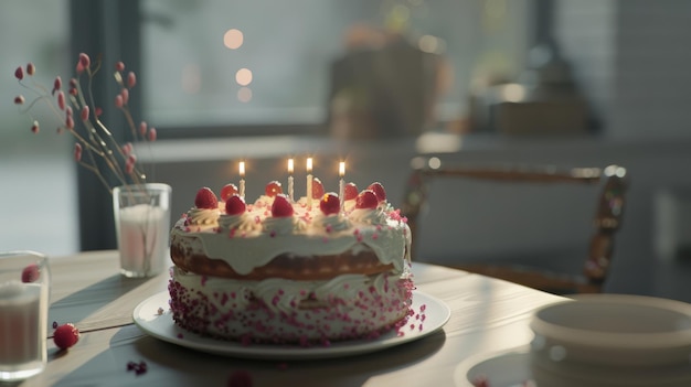Torta de cumpleaños iluminada con fresas en un ambiente acogedor