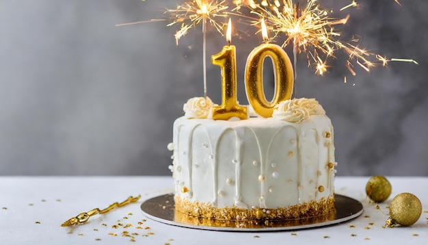 Torta de cumpleaños con vela encendida número diez 10 años tercer aniversario delicioso postre festivo