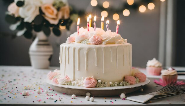 Torta de cumpleaños con velas encendidas Delicioso postre festivo Dulce regalo