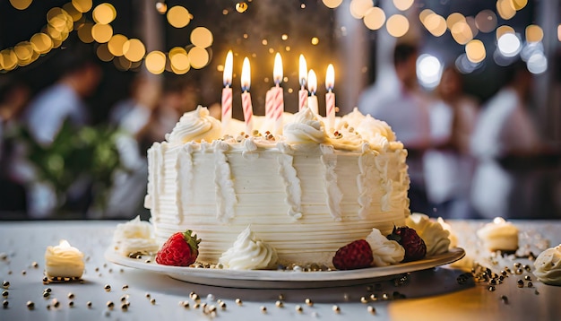 Torta de cumpleaños con velas encendidas Delicioso postre festivo Dulce regalo