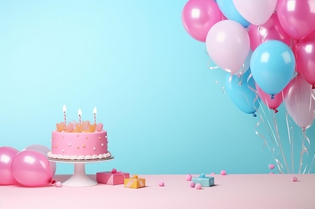 Torta de cumpleaños con velas y globos en la mesa contra un fondo azul Ai Generado