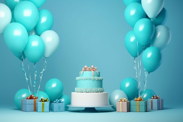 Torta de cumpleaños con velas y globos en la mesa contra un fondo azul Ai Generado