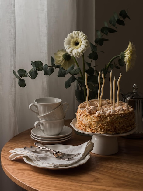 Torta de cumpleaños con velas tazas ramo de flores en una mesa redonda de madera fiesta de té de cumpleaño